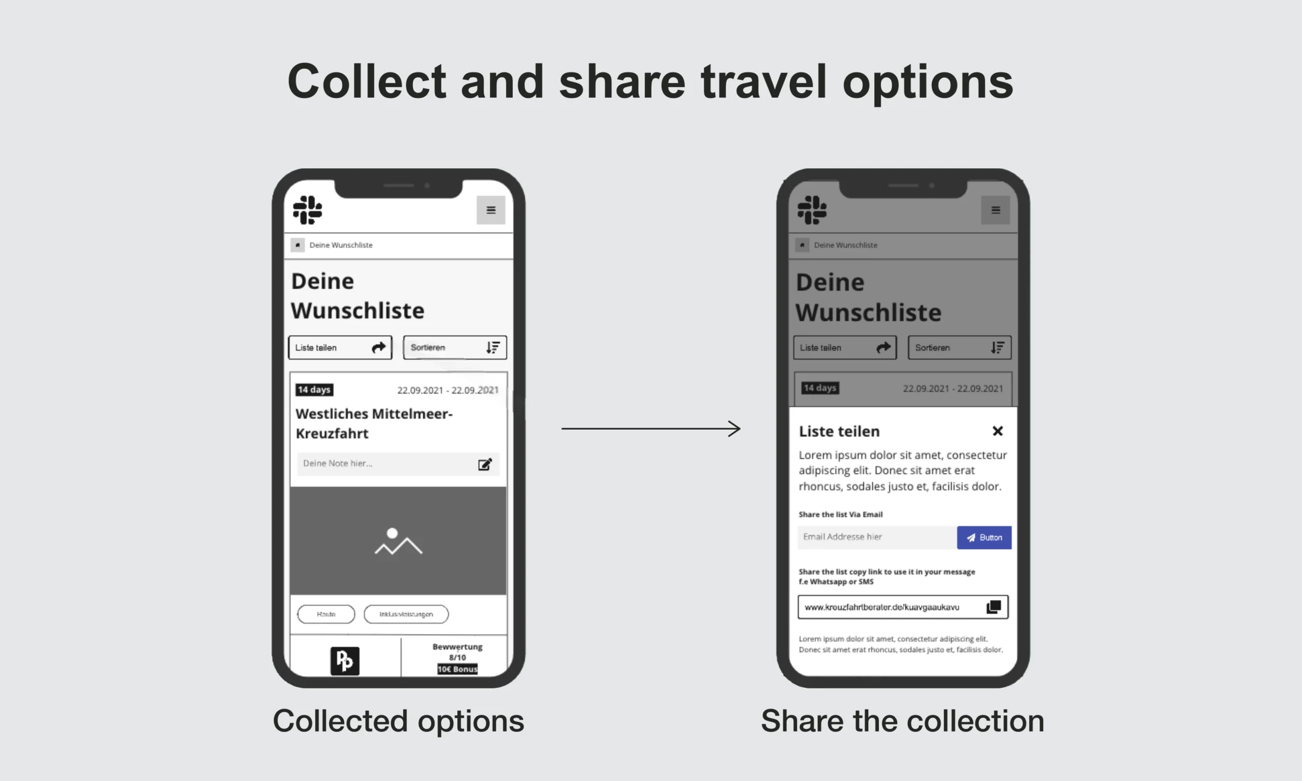 Original mobile wireframes showing collected travel options and sharing the collection.
