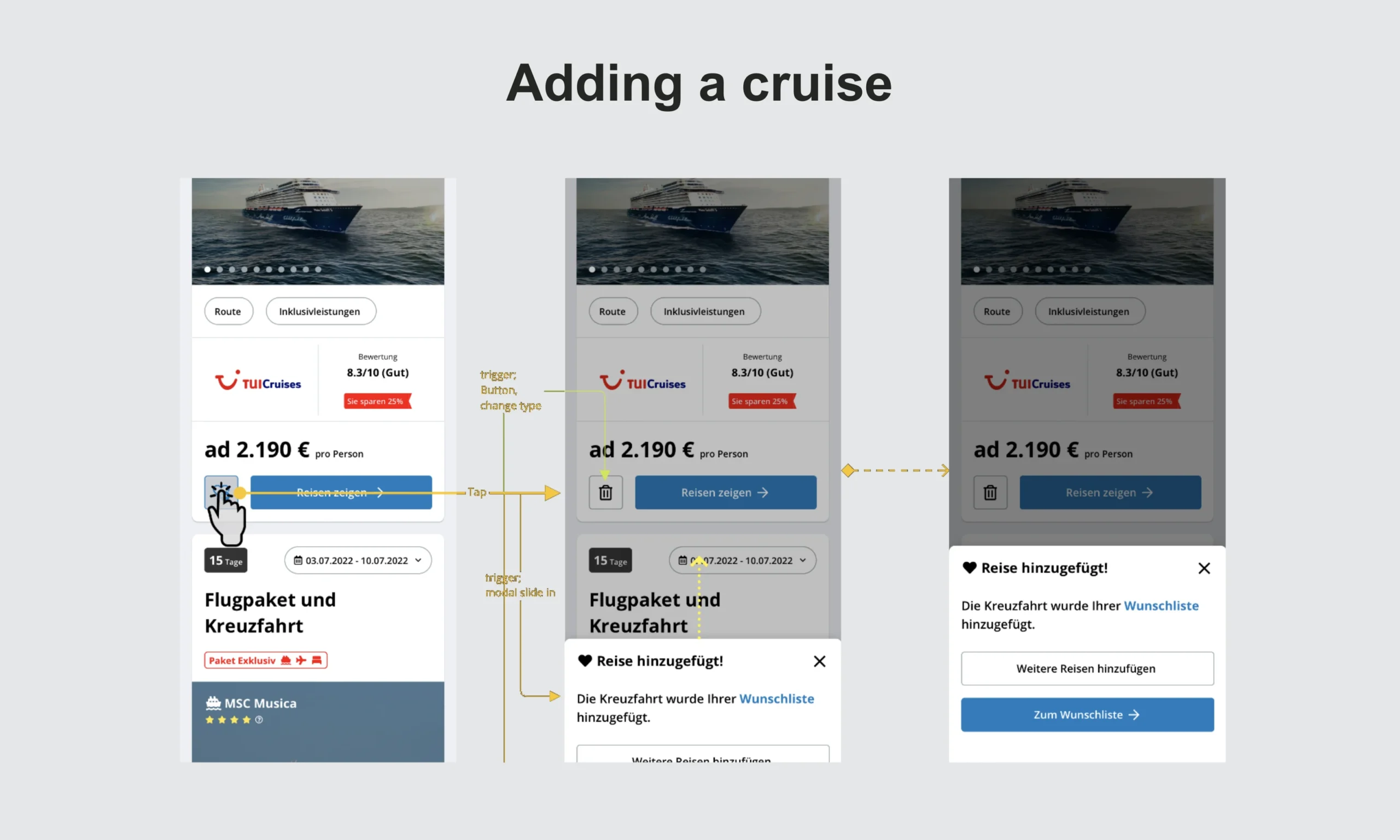 Original interface screens showing a cruise being added to the wishlist.