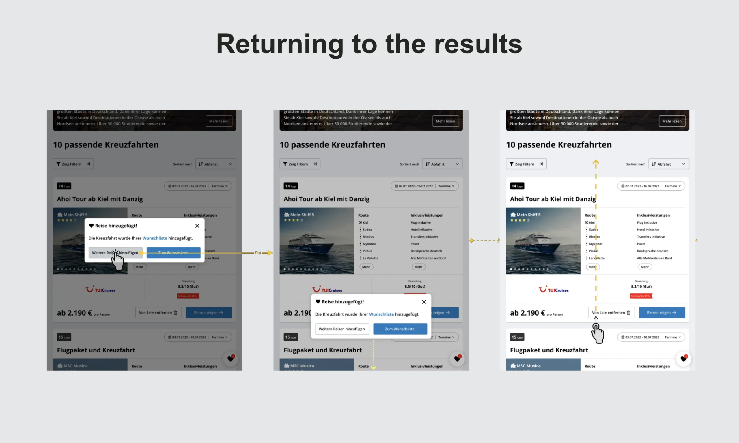Three original interface states showing the return to cruise search results.