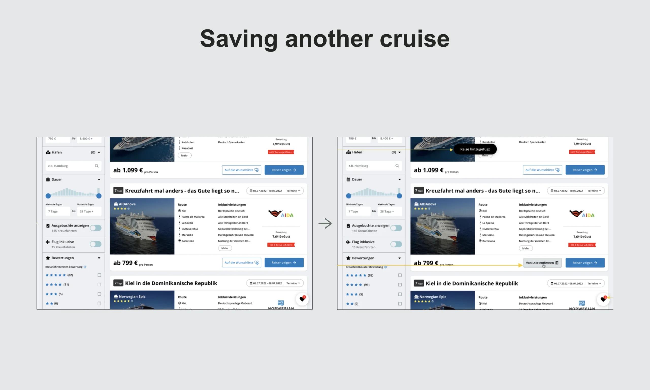 Original desktop screens showing another cruise saved to the wishlist.