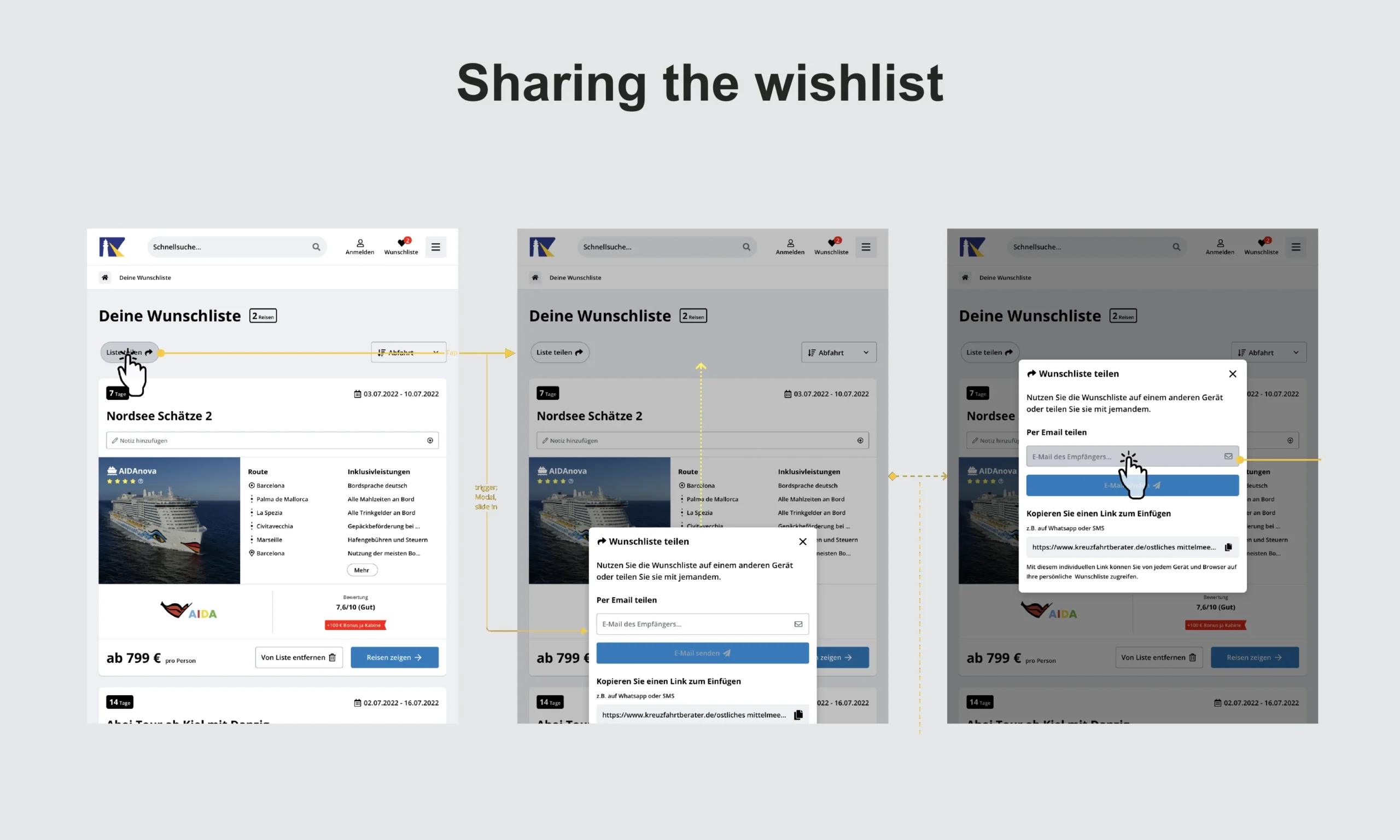 Three original desktop interface states for sharing the wishlist.