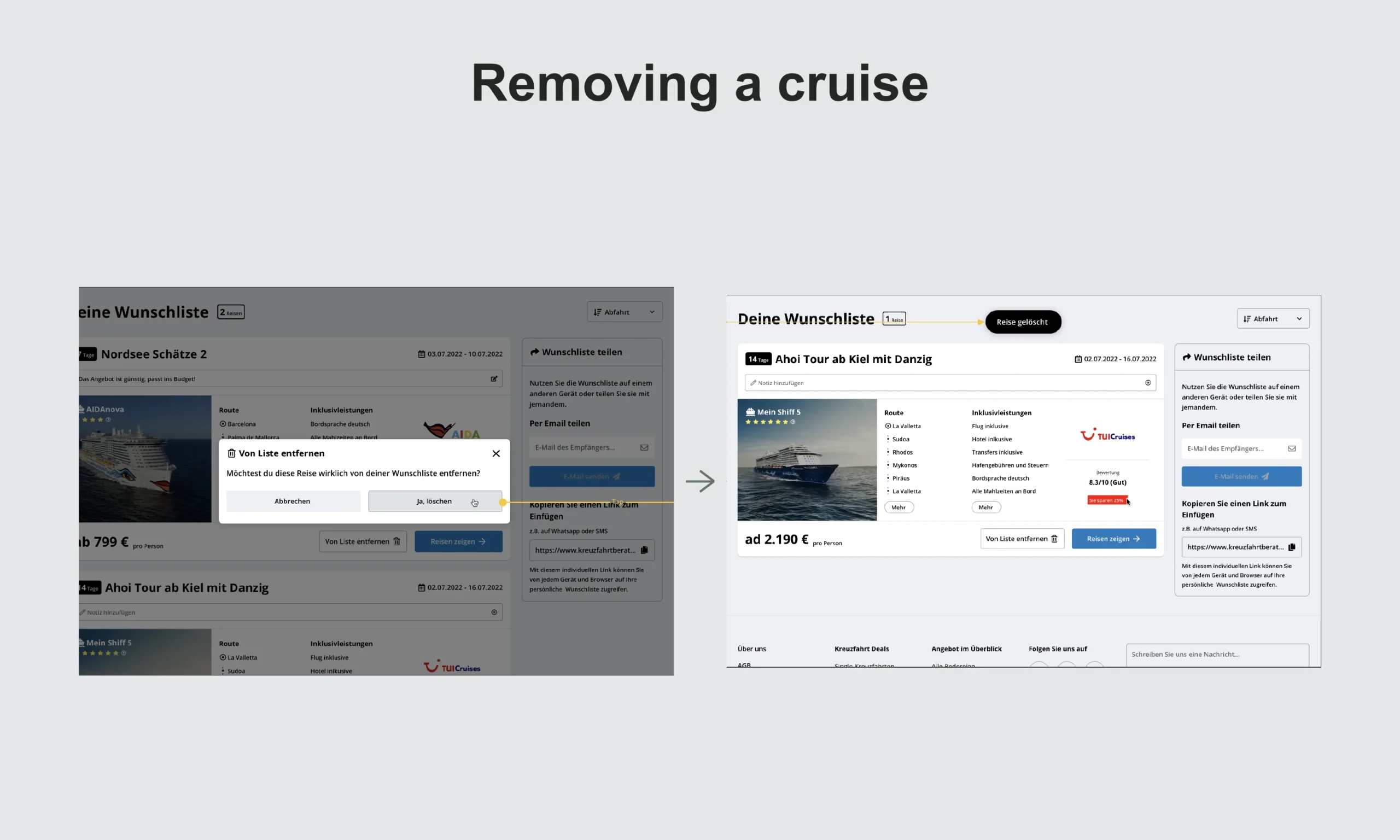 Original desktop screens showing cruise removal and the updated wishlist.