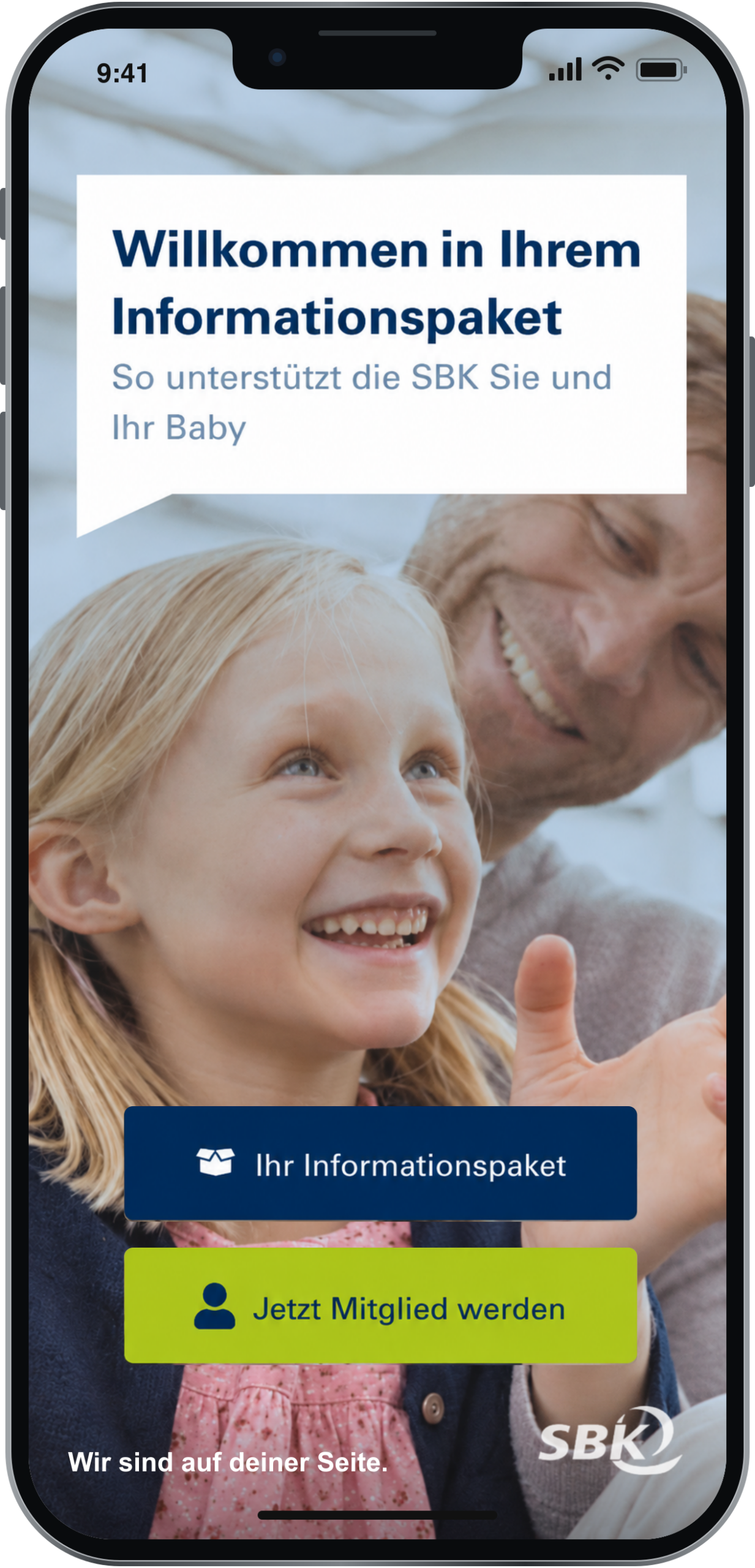 SBK welcome screen in a transparent iPhone 13 Pro mockup