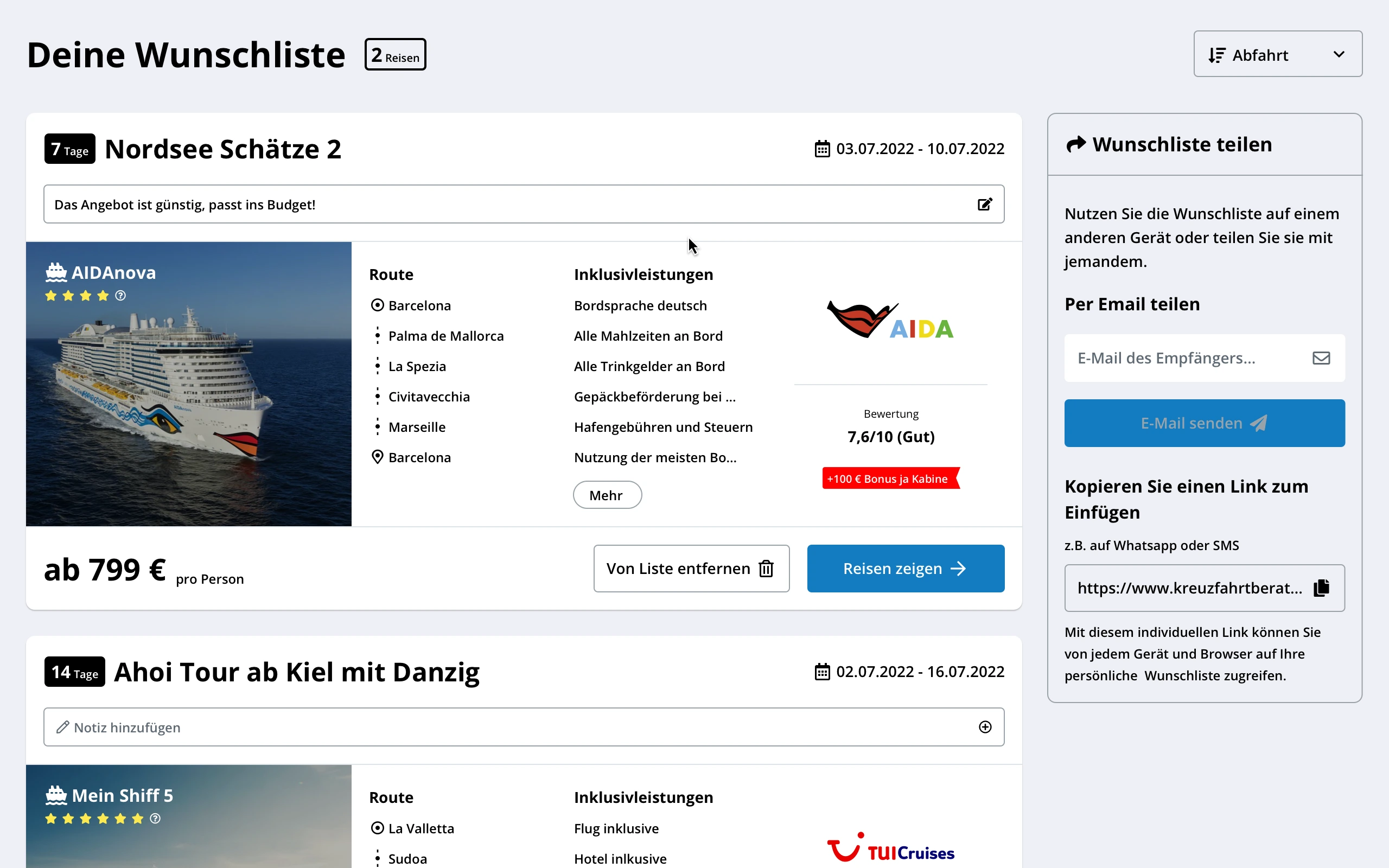 Wishlist page, active — browser desktop.