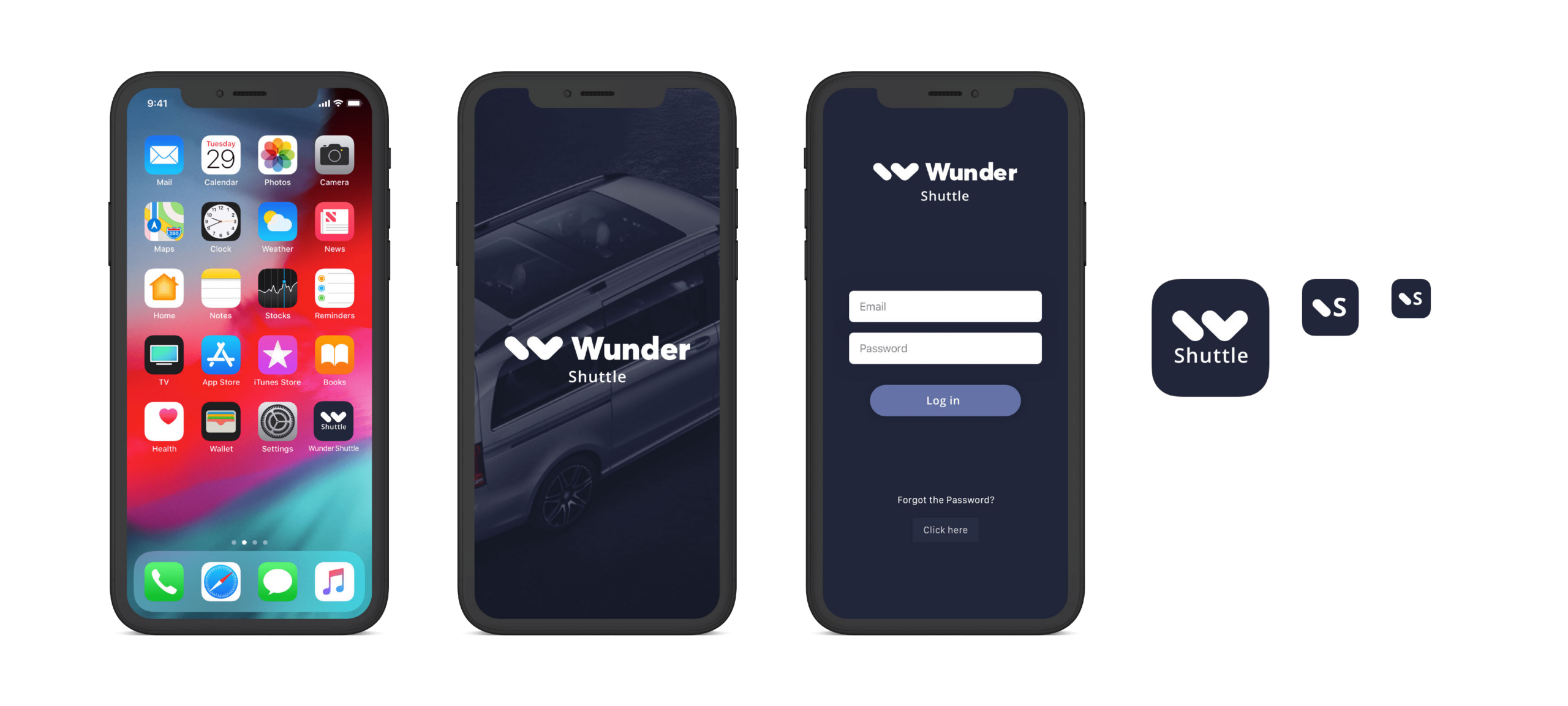 Wunder Shuttle design system applied to app icons, splash and login screens