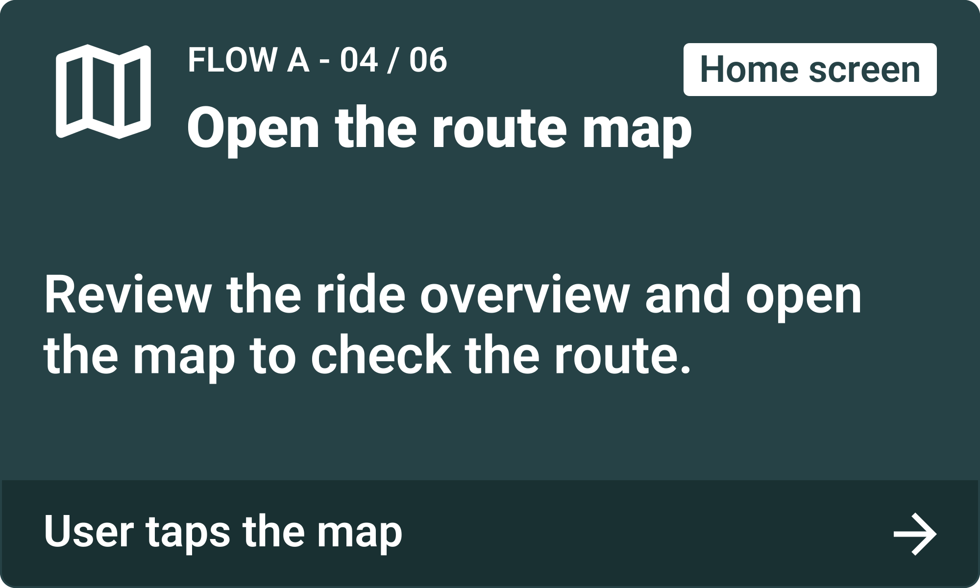 Flow A, step 4: Open the route map. Review the ride overview and open the map to check the route. User taps the map