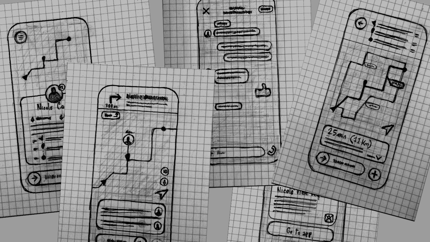 Original paper sketches exploring notifications, ride details, chat and routes