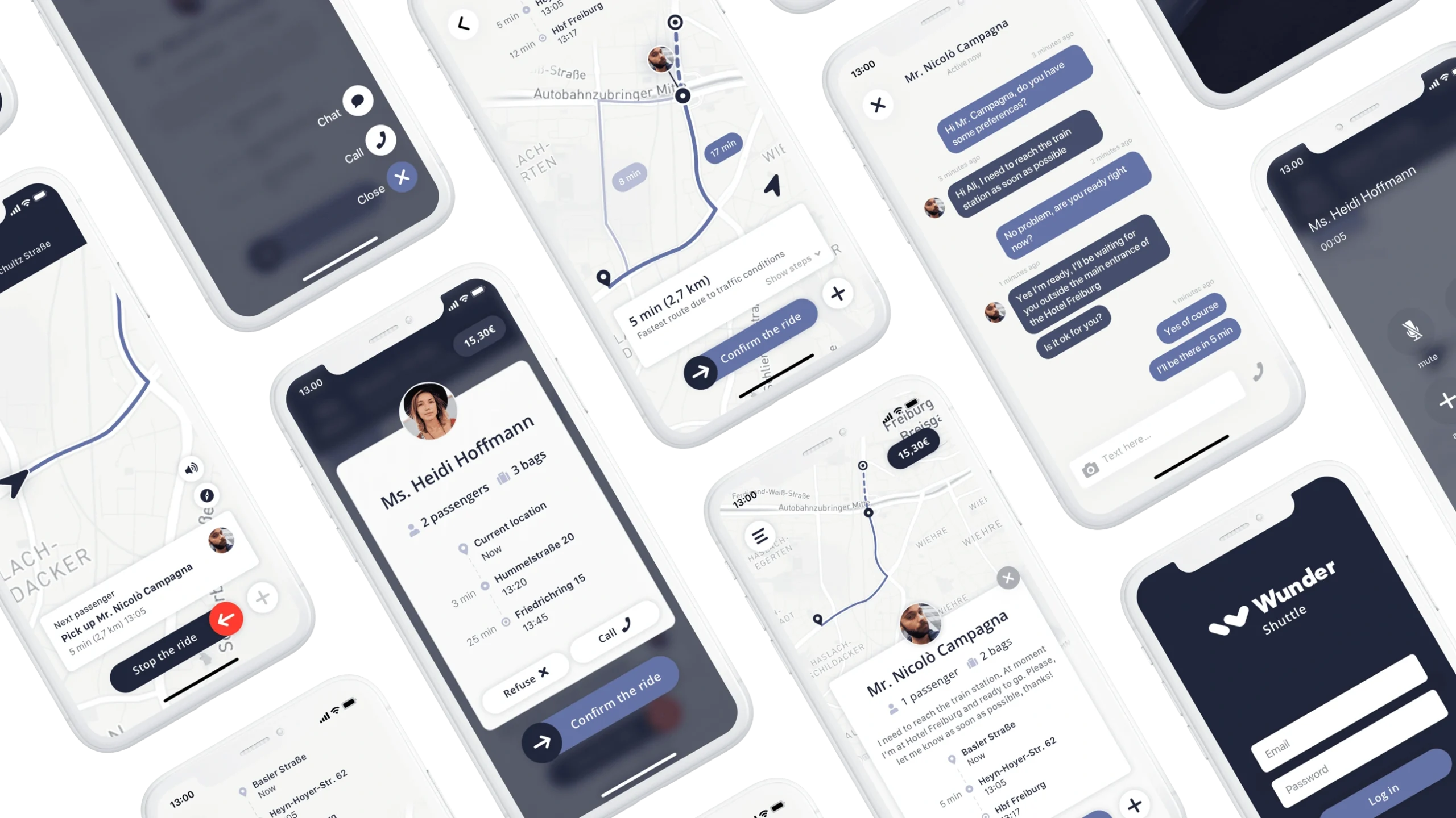 Overview of the final Wunder Shuttle mobile app interfaces