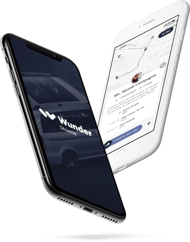 Wunder Shuttle splash screen and ride request interface